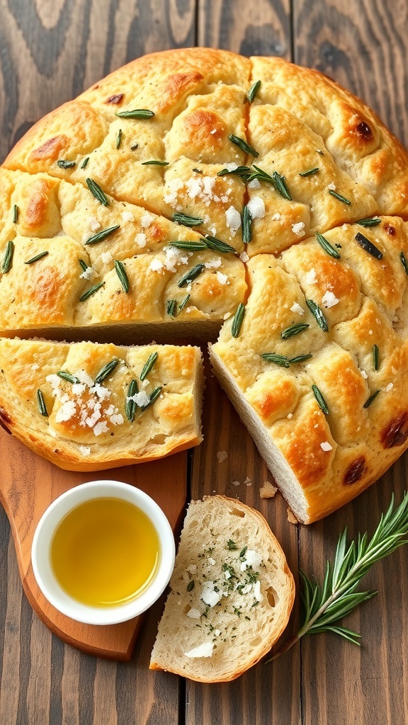 Golden brown garlic herb focaccia bread sliced, garnished with rosemary and sea salt, served with olive oil.